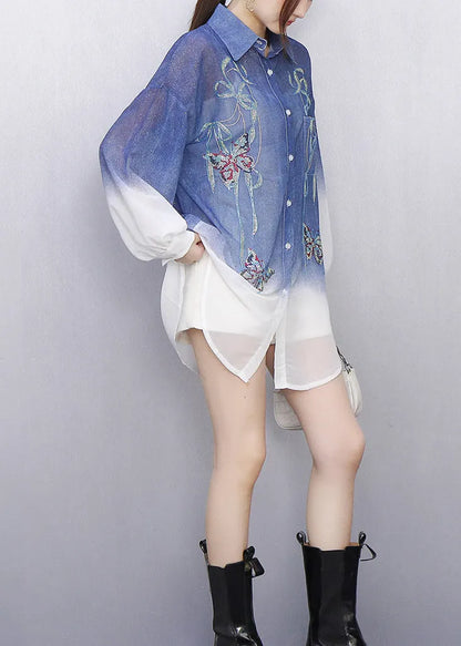 Stylish Gradient Blue Embroidered Button Shirt Fall