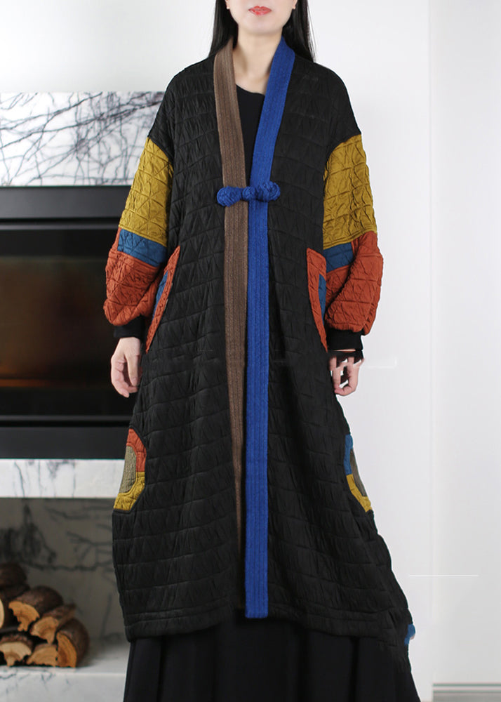 Art Black Chinese Button Patchwork Fine Cotton Filled Trench Winter