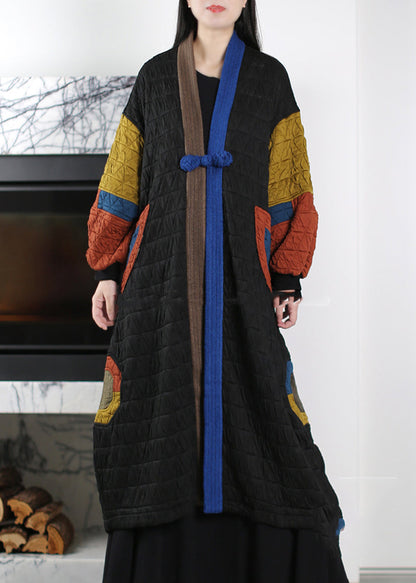 Art Black Chinese Button Patchwork Fine Cotton Filled Trench Winter