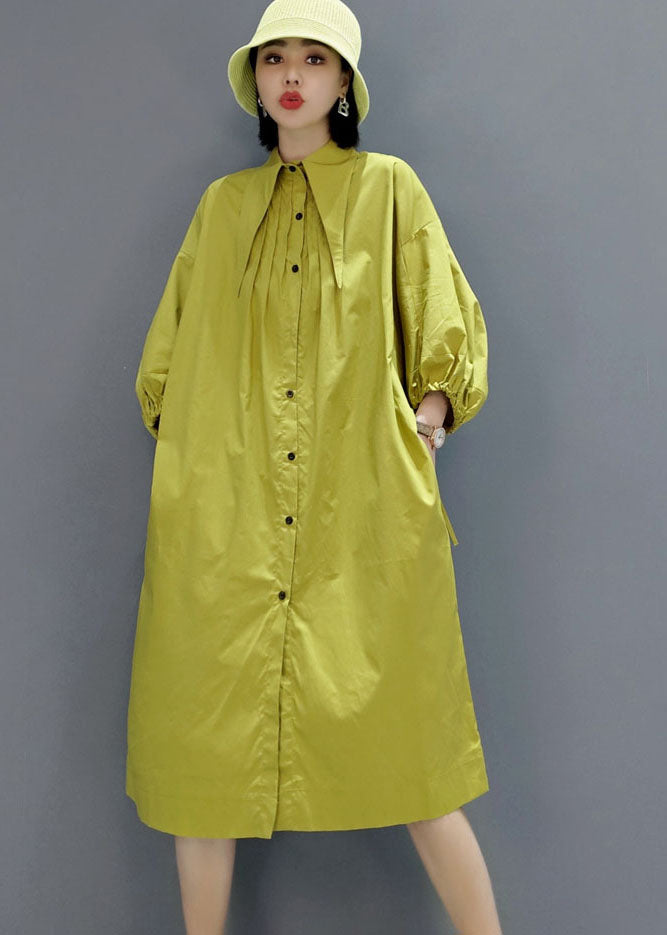 Green Wrinkled Peter Pan Collar Shirt Dresses Spring