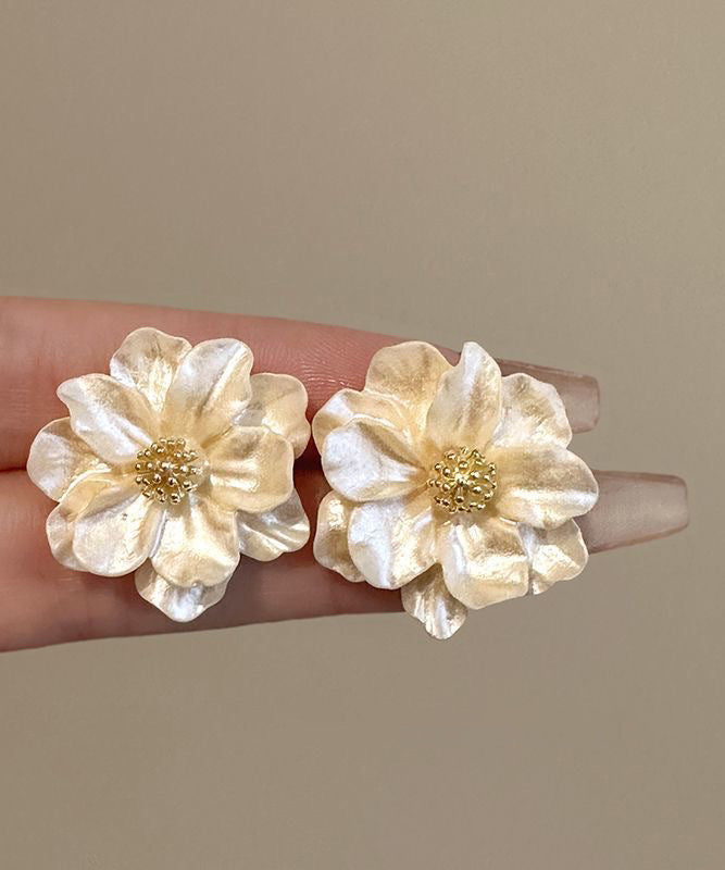 Stylish Beige Copper Alloy Acrylic Camellia Flower Stud Earrings