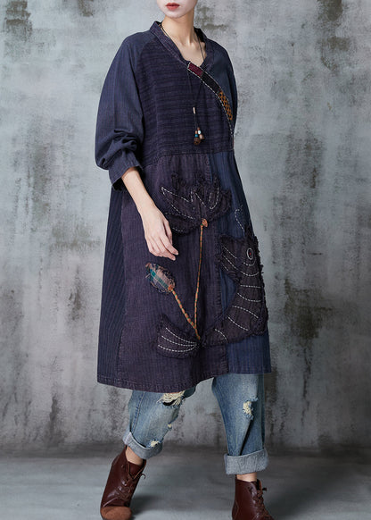 Boutique Navy Embroideried Patchwork Cotton Robe Dresses Spring