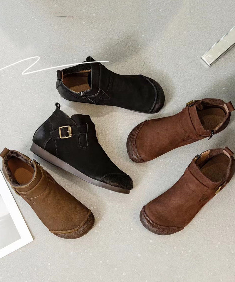 Splicing Brown Ankle Boots Buckle Strap Boots