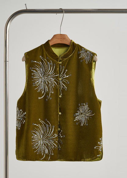 Green Sequins Embroidered Silk Velvet Vest Fall