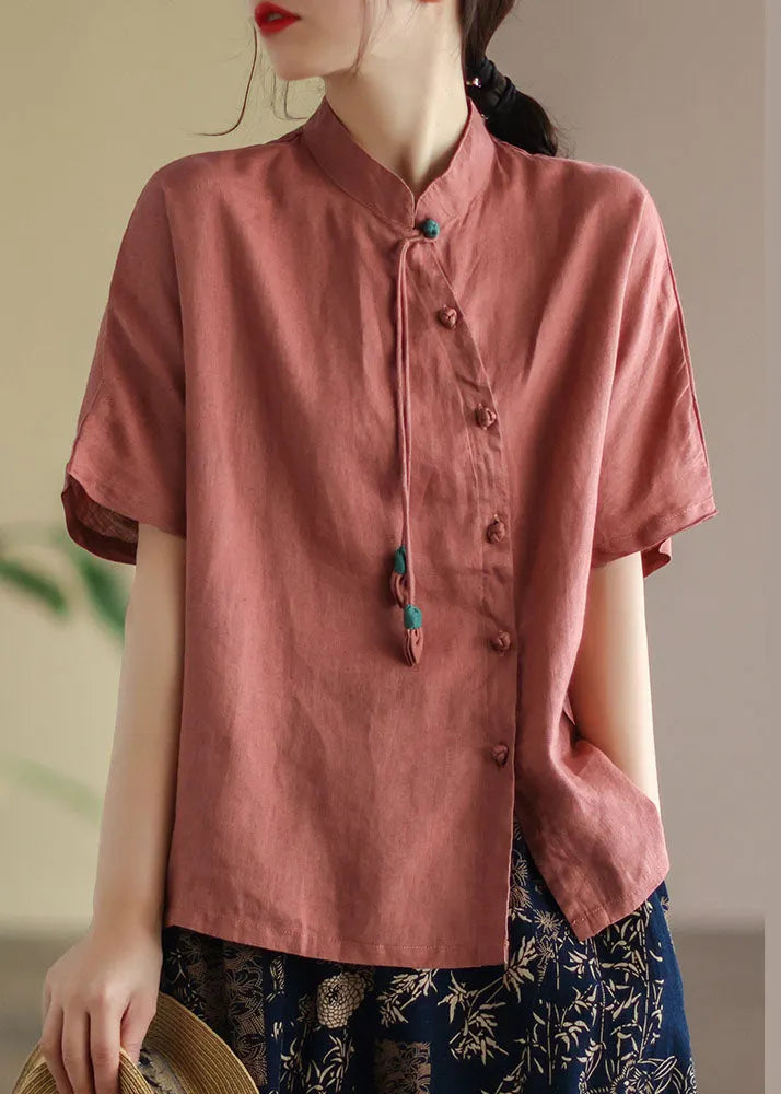Green Stand Collar Tassel Asymmetrical Design Linen Shirts Short Sleeve