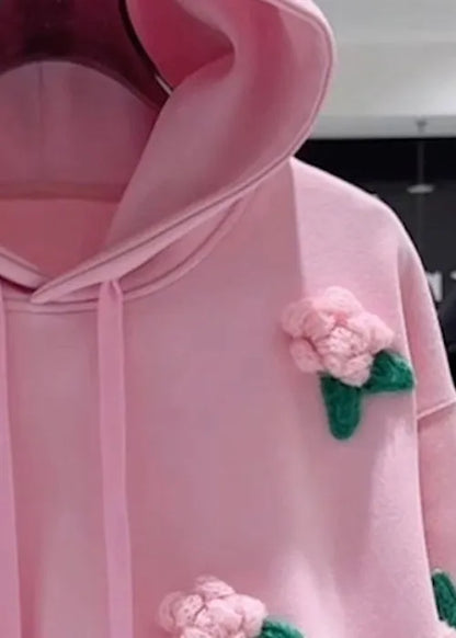Loose Pink Hooded Drawstring Cotton Pullover Sweatshirt Fall