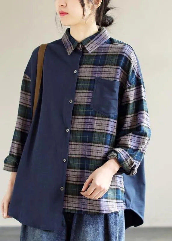Simple Lapel Patchwork Tops Blouses Wardrobes Blue Plaid Blouse