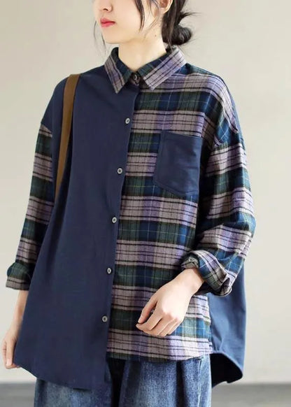 Simple Lapel Patchwork Tops Blouses Wardrobes Blue Plaid Blouse