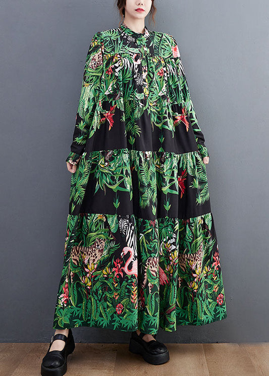 Green Oversized Patchwork Exra Large Hem Cotton Holiday Dress Spring