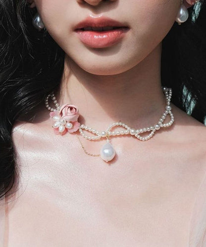 White Alloy Pearl Beading Gratuated Bead Necklace
