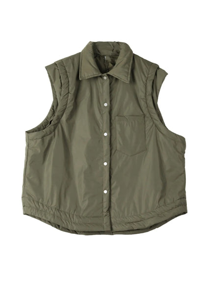 Army Green Peter Pan Collar Fine Cotton Filled Vest Sleeveless