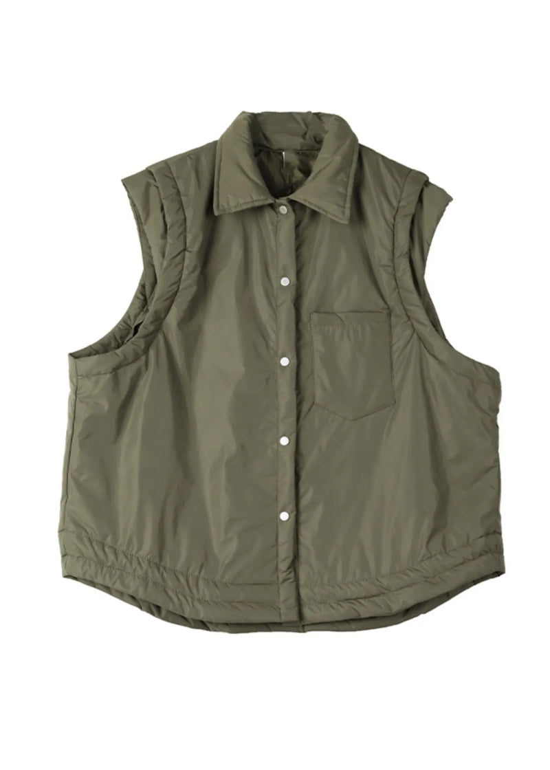 Army Green Peter Pan Collar Fine Cotton Filled Vest Sleeveless