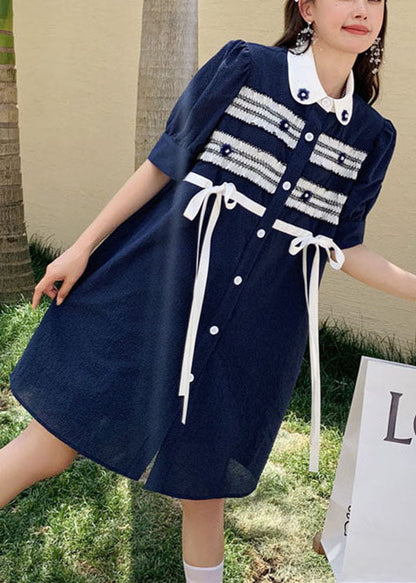 Navy Bow Button Patchwork Nail Bead Fall Short Sleeve Dresses