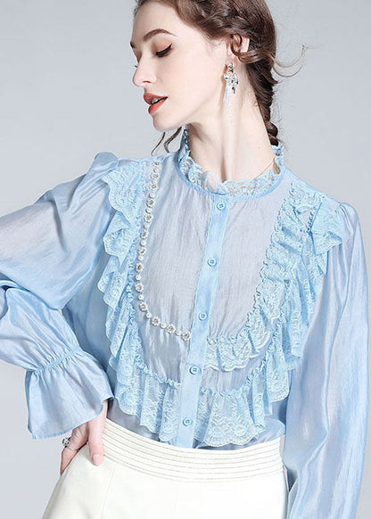 Light Blue Lace Ruffled Nail Bead Patchwork Silk Shirt Spring