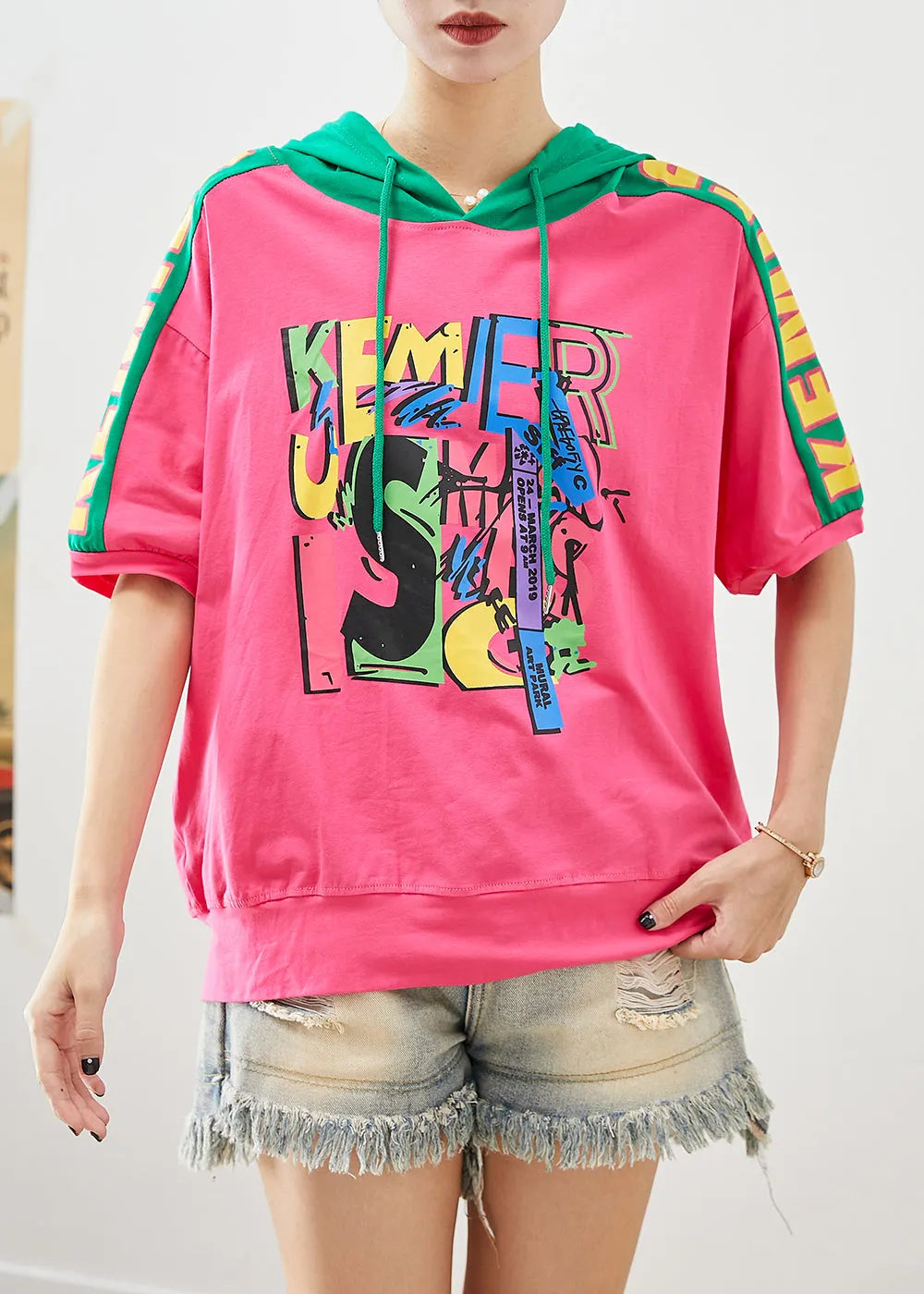 Natural Rose Hooded Patchwork Cotton Loose Sweatshirts Top Summer