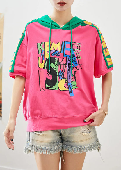 Natural Rose Hooded Patchwork Cotton Loose Sweatshirts Top Summer
