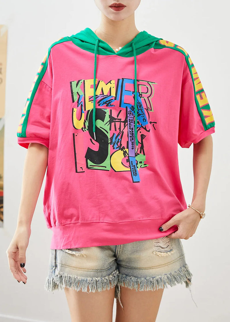 Natural Rose Hooded Patchwork Cotton Loose Sweatshirts Top Summer