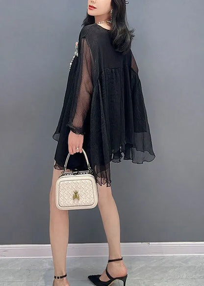 Black O Neck Wrinkled Patchwork Tulle Top Spring