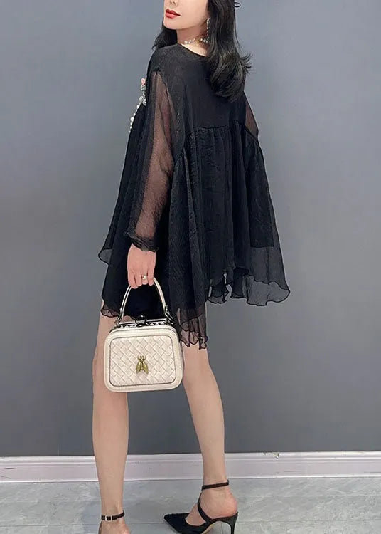 Black O Neck Wrinkled Patchwork Tulle Top Spring