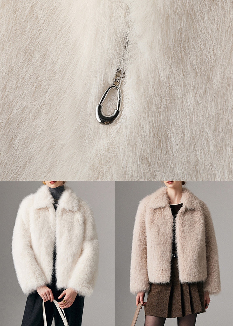 Beige Zippered Pockets Leather and Fur Winter Coat Peter Pan Collar