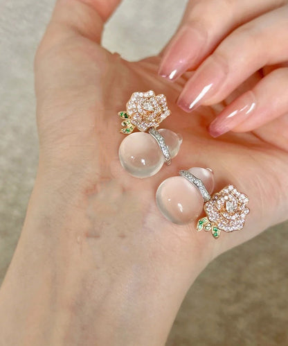 Nude Alloy Zircon Chalcedony Gourd Stud Earrings