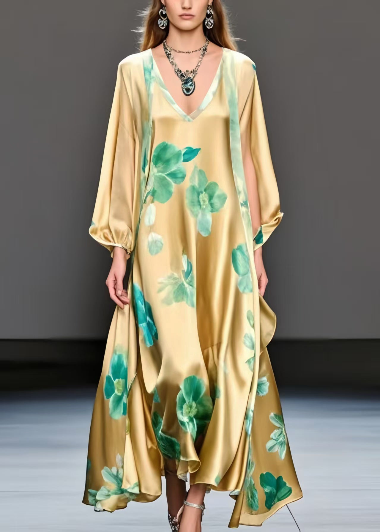 Fine Yellow Oversized Print Silk a Line Dress Fall