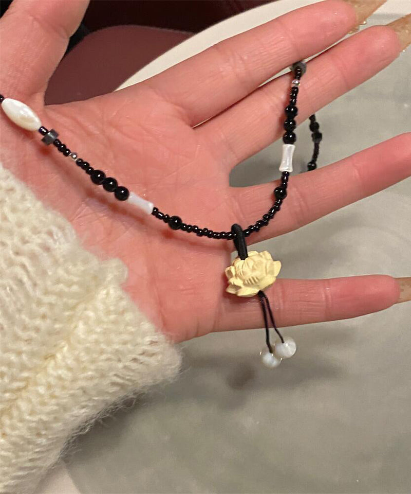 Handmade Black Lotus Beading Gem Stone Tassel Pendant Necklace