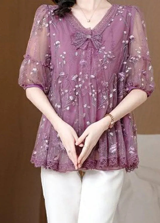 Purple V Neck Embroideried Bow Lace Top Summer