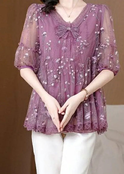 Purple V Neck Embroideried Bow Lace Top Summer