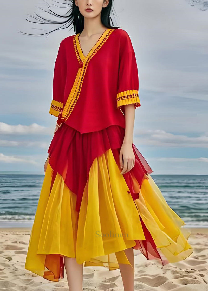 V Neck Asymmetrical Design Patchwork Chiffon Dresses Summer