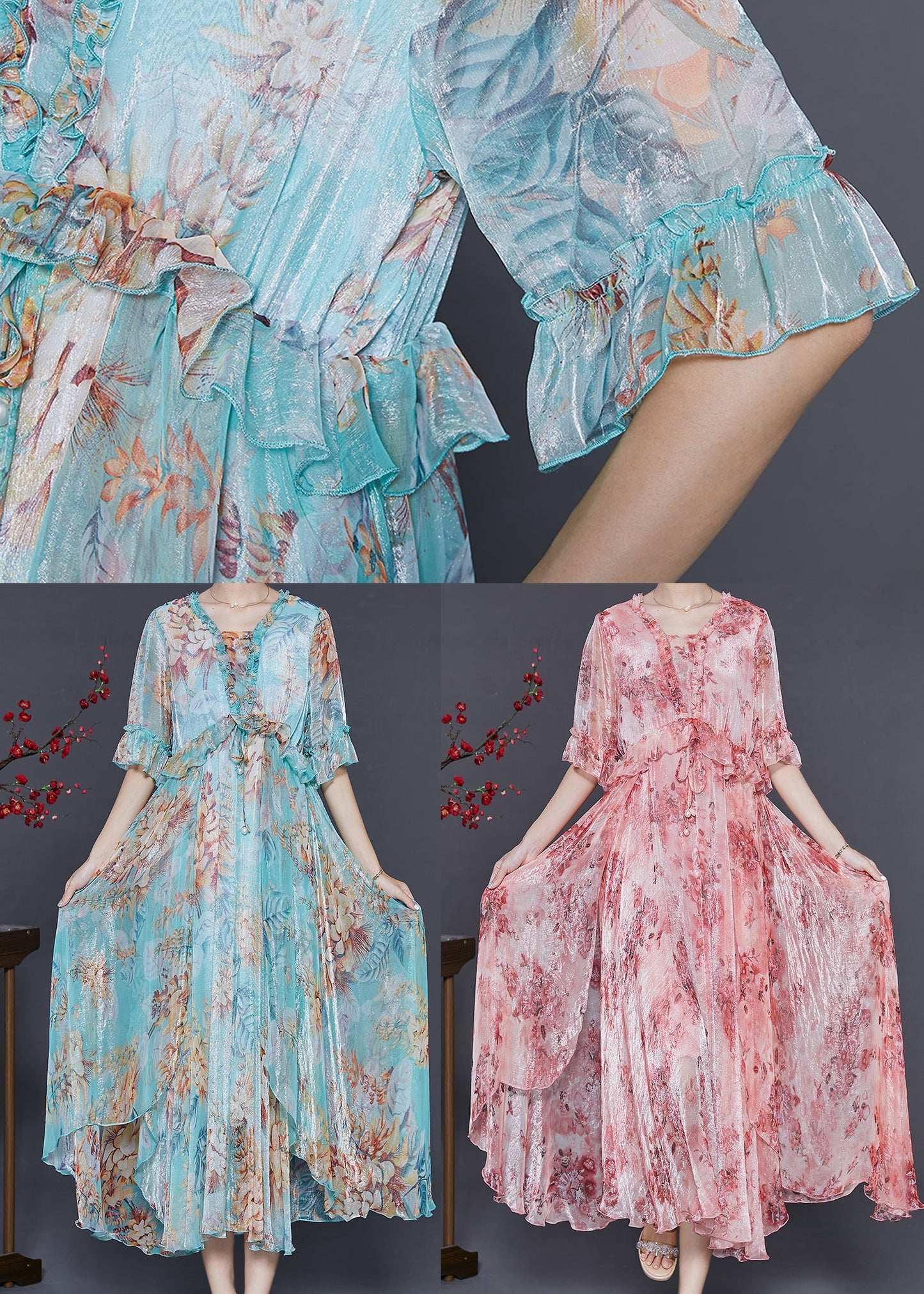 Blue Ruffled Print Silk Ankle Dress Summer