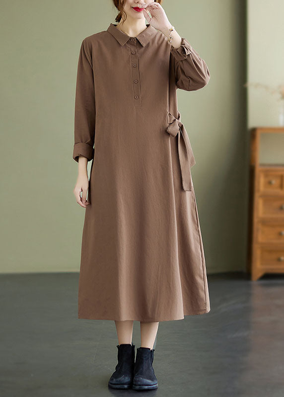 Khaki Peter Pan Collar Tie Waist Cotton Dresses Spring
