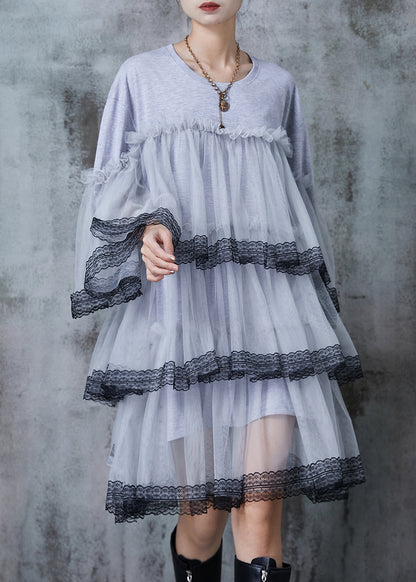 Grey Oversized Patchwork Tulle Vacation Dress Summer