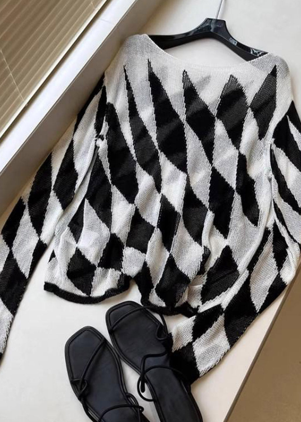 Striped Plaid Slash Neck Knit Top Fall