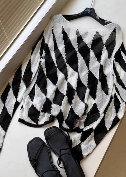 Striped Plaid Slash Neck Knit Top Fall