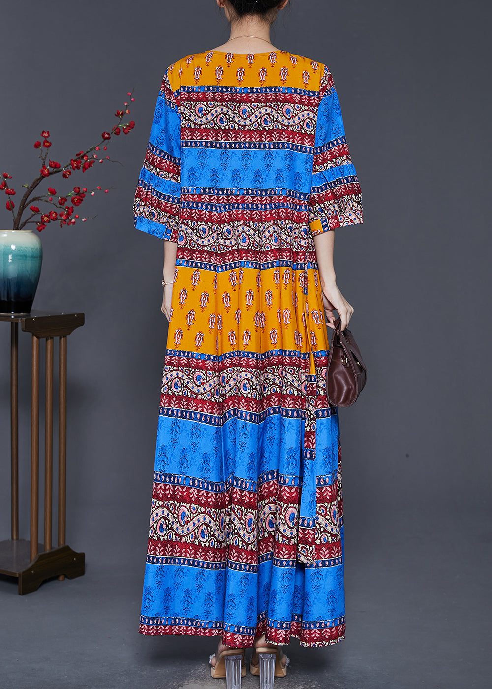 Peacock Blue Print Exra Large Hem Silk Dresses Summer