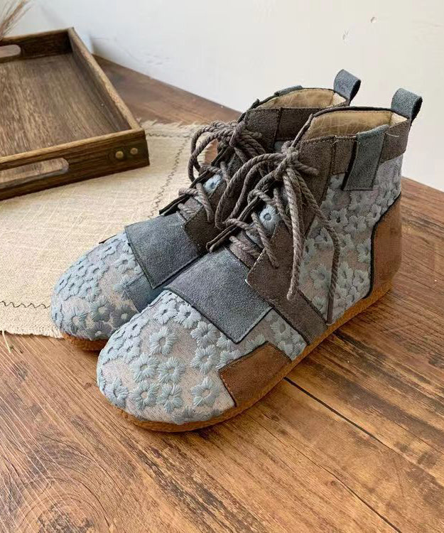 Retro Grey Flat Boots Splicing Lace Up Hollow Out Soofairy Shoes-20251