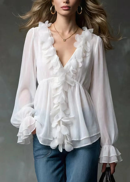 White V Neck Petal Chiffon Shirts Spring