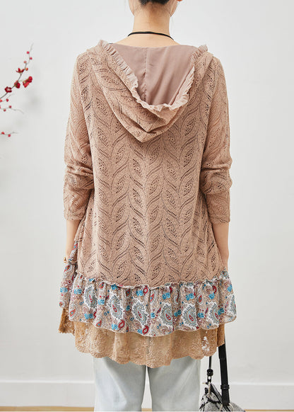Khaki Hooded Patchwork Wrinkled Cotton Fake Two Piece Mini Dress Fall