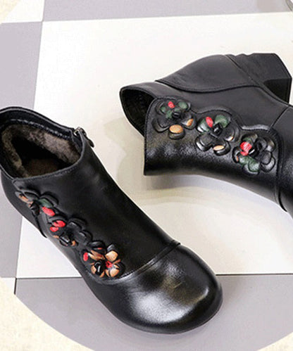 Black Chunky Heel Cowhide Leather Splicing Boots