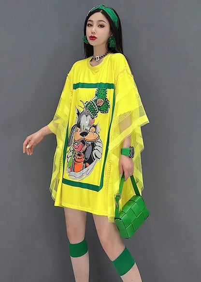 Batwing Yellow O-neck Print Tulle Top Batwing Sleeve
