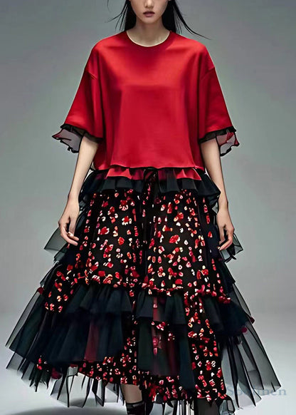 Red O-neck Tulle Patchwork Chiffon Maxi Dress Summer