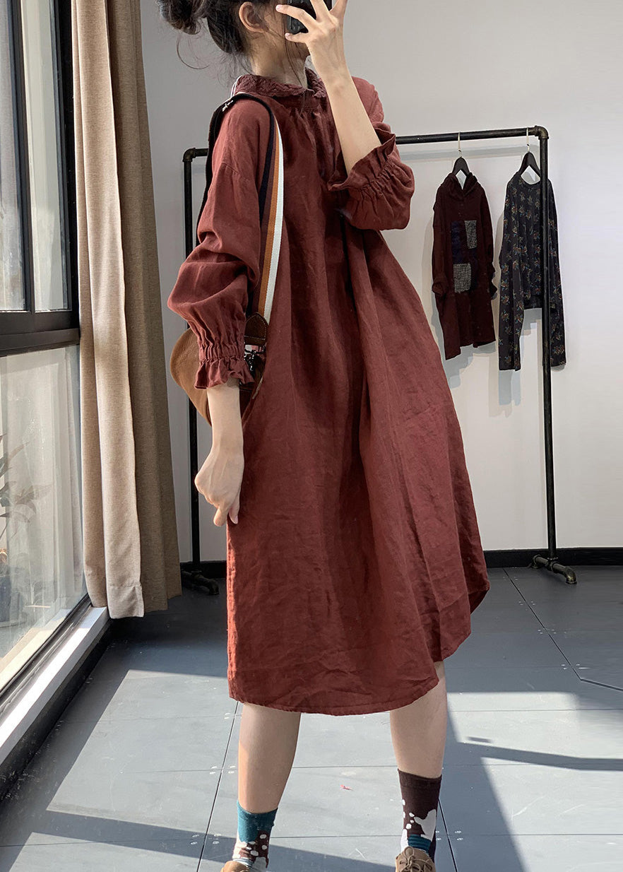 Red Peter Pan Collar Lace Patchwork Cotton Dress Fall