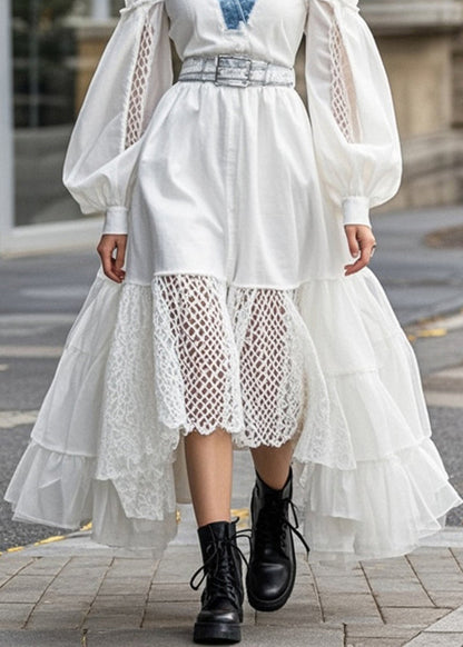 White Cinched Patchwork Hollow Out Cotton Dress Spring