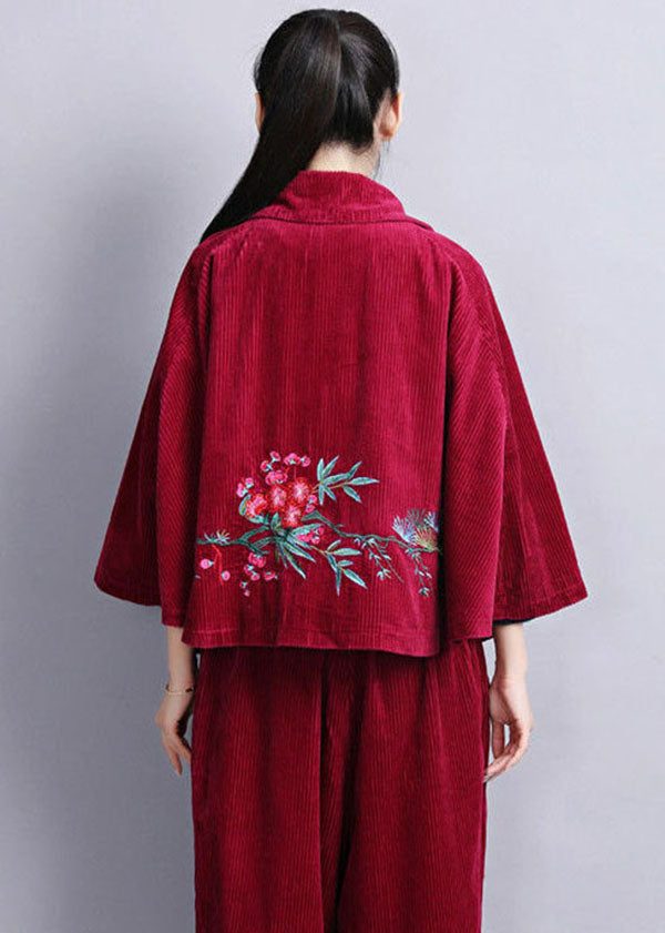 Mulberry Peter Pan Collar Embroideried Corduroy Coats Cloak Sleeves
