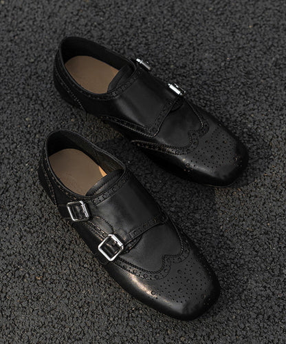 Black Embossed Cowhide Leather Splicing Loafers for