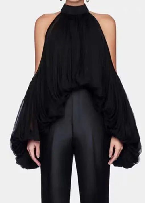 Style Yellow Cold Shoulder Wrinkled Chiffon Shirt Top Lantern Sleeve