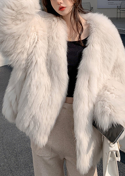 Boutique Mike White V Neck Fox Collar Leather and Fur Coats Winter