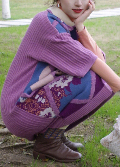 Purple Peter Pan Collar Print Warm Cotton Knit Long Sweaters Dress Fall