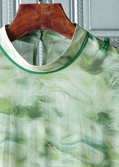 Art Light Green Stand Collar Button Print Patchwork Silk Tops Spring
